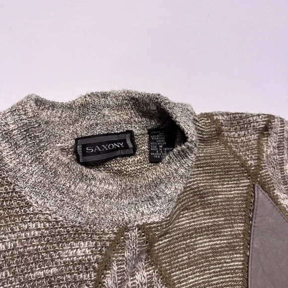 Vintage Saxony Leather Patchwork Sweater Mens Medium Chunky Knit Geometric